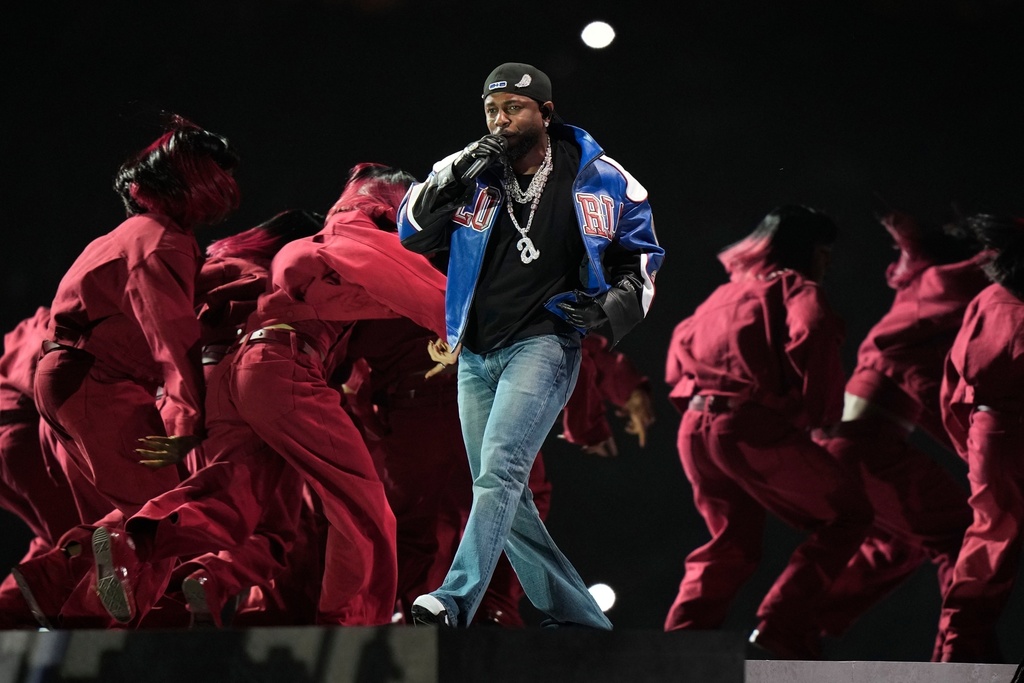 FILE - Kendrick Lamar performs during halftime of the NFL Super Bowl 59 football game between the Kansas City Chiefs and the Philadelphia Eagles on Feb. 9, 2025, in New Orleans. (AP Photo/Frank Franklin II, File)