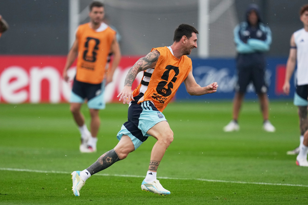 Argentina's Lionel Messi works out during a training session on the eve of the World Cup final soccer match in Morristown, N.J., Saturday, July 18, 2026. (AP Photo/Abbie Parr)