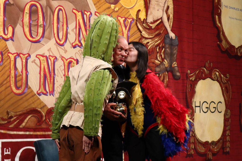 Actor Michael Keaton receives his award during Harvard University's annual Hasty Pudding Theatricals Man of the Year award show at Farkas Hall , Friday, Feb. 6, 2026 in Cambridge, Mass. (AP Photo/Leah Willingham)