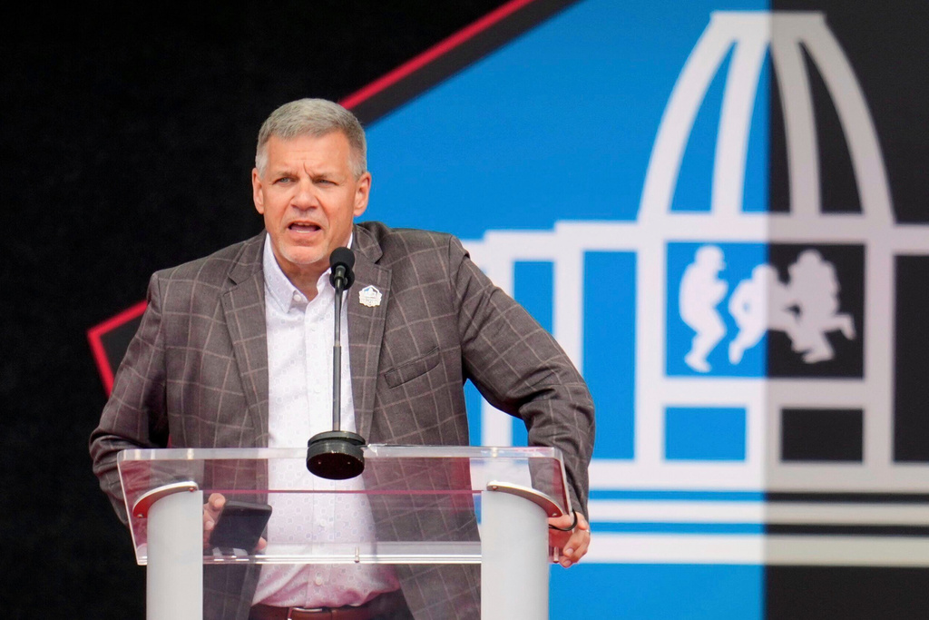 FILE - Pro Football Hall of Fame President Jim Porter speaks during the enshrining ceremony for the class of 2025 of the Pro Football Hall of Fame, Saturday, Aug. 2, 2025, in Canton, Ohio. (AP Photo/Sue Ogrocki, File)