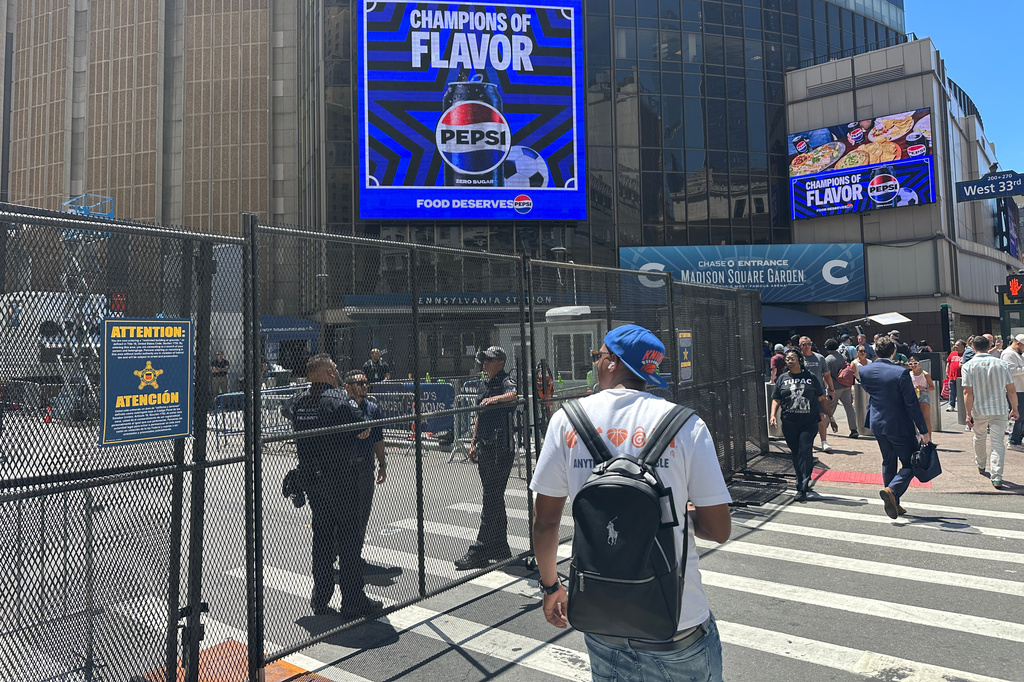 Security is set up outside of Madison Square Garden in New York, Monday, June 8, 2026, as President Donald Trump is set to attend Game 3 of the NBA Finals basketball series between the New York Knicks and the San Antonio Spurs. (AP Photo/Ted Shaffrey)