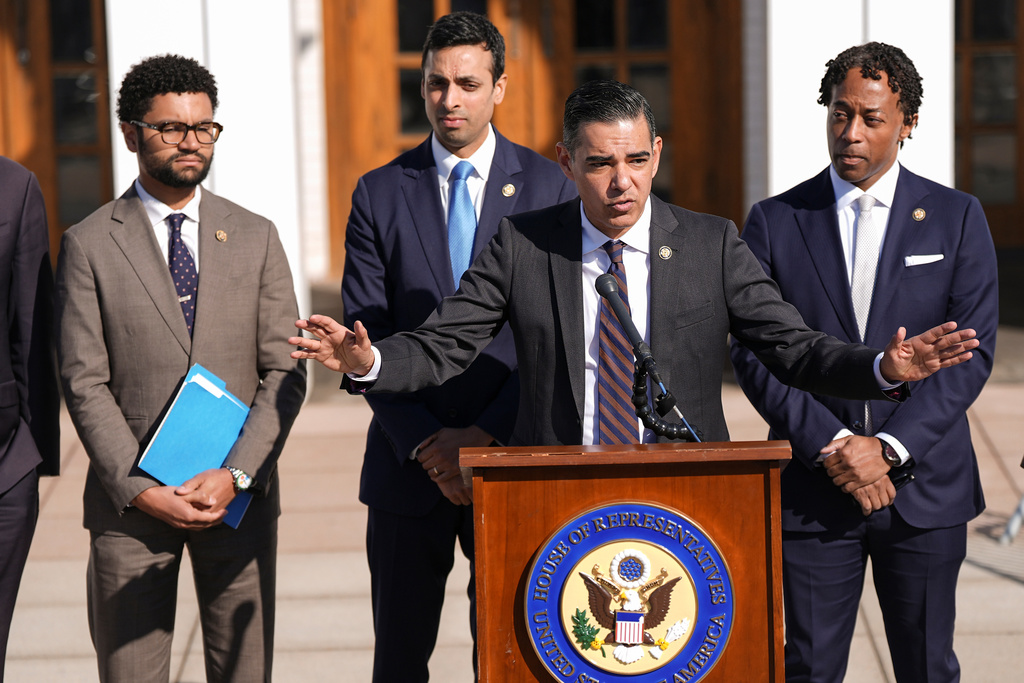 Rep. Robert Garcia, D-Calif., speaks outside the Chappaqua Performing Arts Center where former President Bill Clinton was testifying before U.S. House lawmakers as part of a congressional investigation into convicted sex offender Jeffrey Epstein, Friday, Feb. 27, 2026, in Chappaqua, N.Y. (AP Photo/Angelina Katsanis)