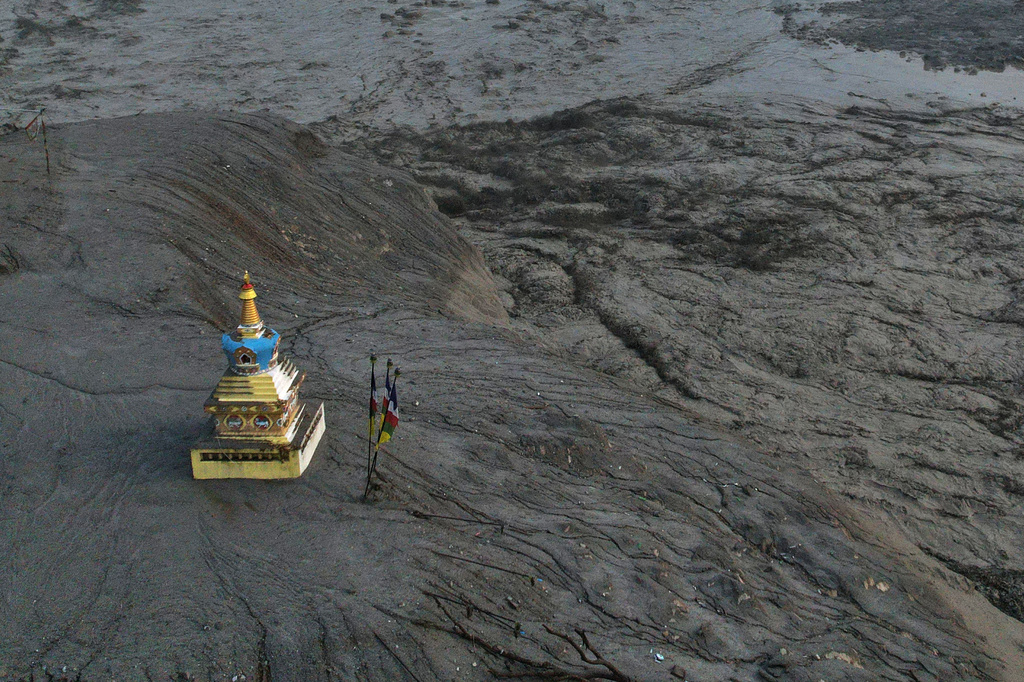 A drone view of the aftermath of flash flooding along the Trishuli river amidst fresh water surge warning in the Trishuli Bazaar area of Nuwakot district, Nepal, Sunday, Aug. 30, 2026. (AP Photo/Rajesh Kumar Singh)