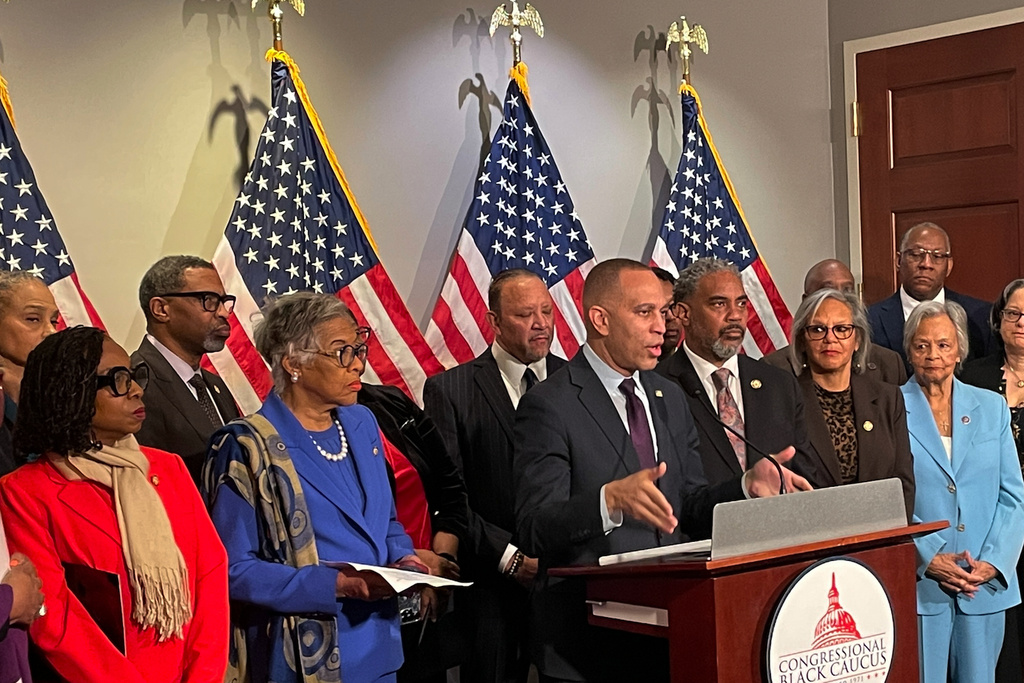 House Minority Leader Hakeem Jeffries, D-N.Y., speaks during a press conference of the Congressional Black Caucus and civil rights leaders on Wednesday, Feb. 11, 2026 in Washington. (AP Photo/Matthew Brown)