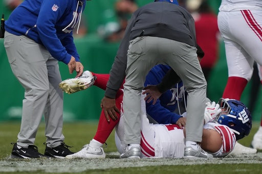 New York Giants running back Cam Skattebo (44) is checked on after an injury during the first half of an NFL football game against the Philadelphia Eagles on Sunday, Oct. 26, 2025, in Philadelphia. (AP Photo/Matt Slocum) New York Giants running back Cam Skattebo (44) is checked on after an injury during the first half of an NFL football game against the Philadelphia Eagles on Sunday, Oct. 26, 2025, in Philadelphia. (AP Photo/Matt Slocum)