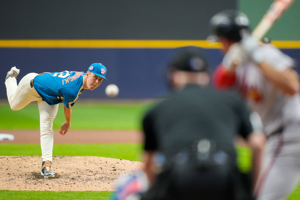 Milwaukee Brewers pitcher Jacob Misiorowski throws during the fourth inning of a baseball game against the Atlanta Braves, Friday, Aug. 21, 2026, in Milwaukee. (AP Photo/Kayla Wolf)