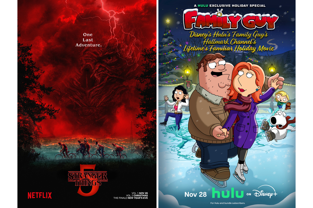 This combination of images shows promotional art for "Stranger Things," left, and “Disney’s Hulu’s Family Guy’s Hallmark Channel’s Lifetime’s Familiar Holiday Movie." (Netflix/Hulu via AP)