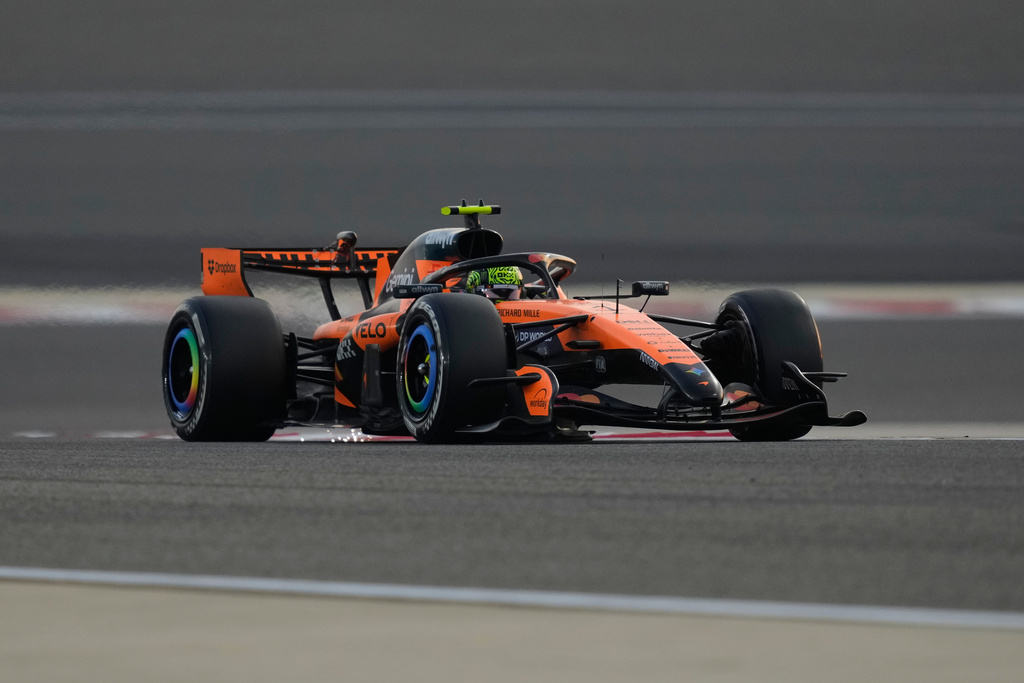McLaren driver Lando Norris of Britain steers his car during a Formula One pre-season test at the Bahrain International Circuit in Sakhir, Bahrain, Thursday, Feb. 12, 2026. (AP Photo/Altaf Qadri)