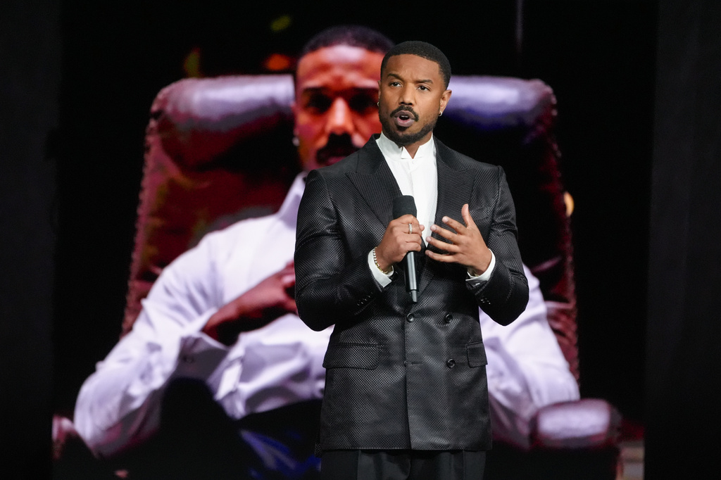 Michael B. Jordan, cast member of the upcoming film "The Thomas Crown Affair" speaks during the Amazon MGM Studios presentation at CinemaCon on Wednesday, April 15, 2026, at Caesars Palace in Las Vegas. (AP Photo/Chris Pizzello)
