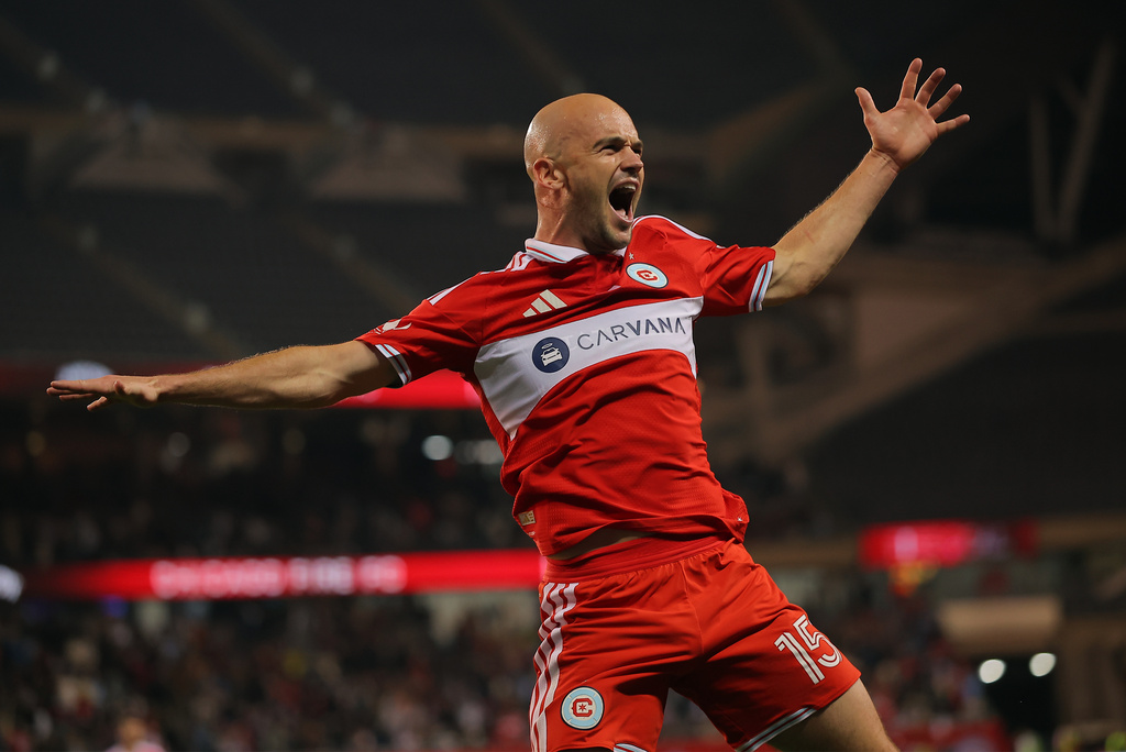 Chicago Fire defender Andrew Gutman (15) celebrates after scoring during the second half of an MLS soccer match against Toronto FC, Saturday, May 23, 2026, in Chicago. (AP Photo/Melissa Tamez)