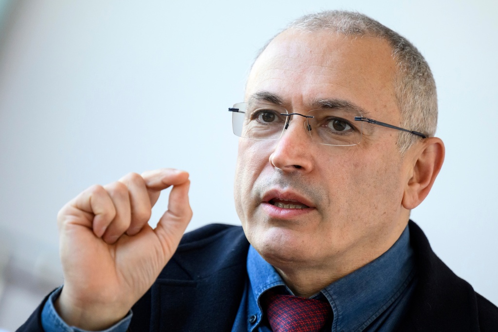 FILE - Russian regime critic Mikhail Khodorkovsky speaks during a press briefing hosted by the Center for Liberal Modernity in Berlin, Germany, Wednesday, March 23. 2022. (Bernd von Jutrczenka/dpa via AP, File)