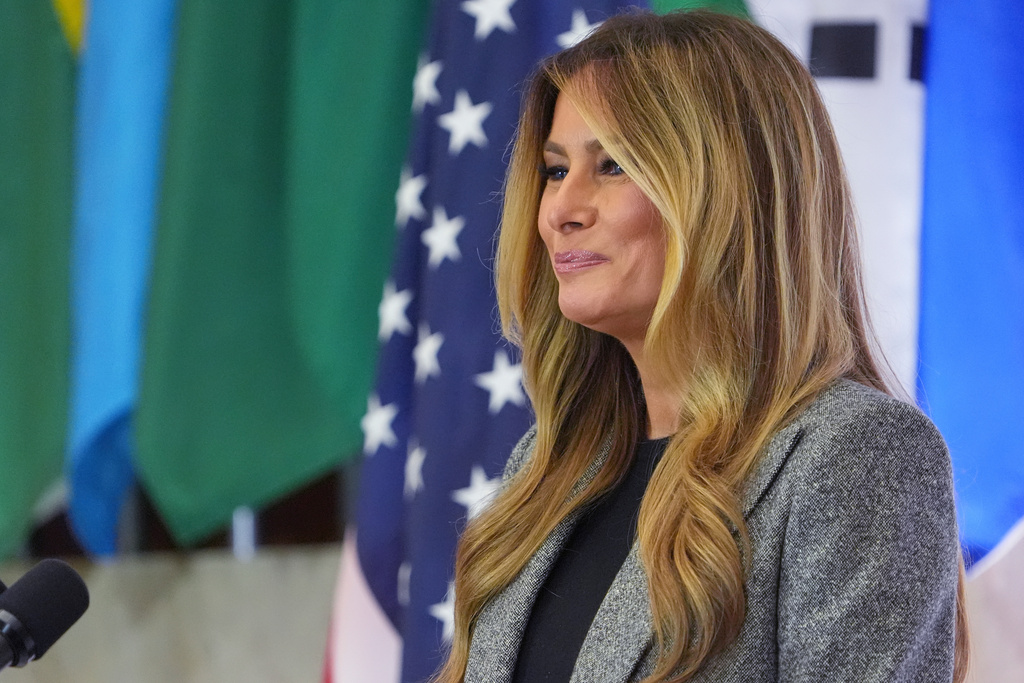 First lady Melania Trump speaks during a "Fostering the Future Together Global Coalition Summit," at the State Department, Tuesday, March 24, 2026, in Washington. (AP Photo/Jacquelyn Martin)