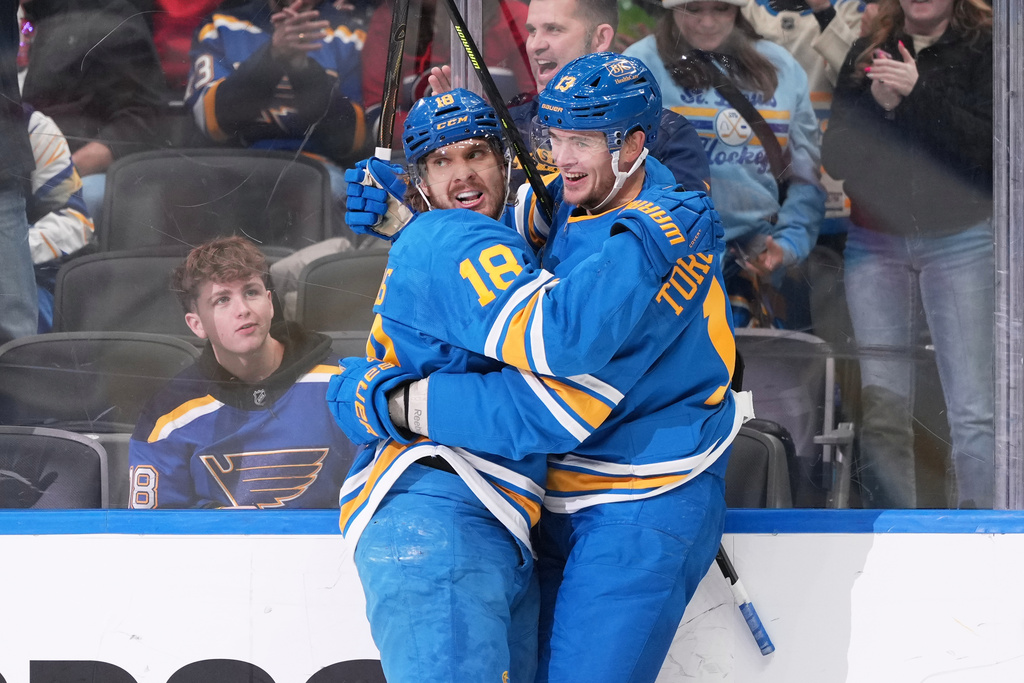 St. Louis Blues' Robert Thomas (18) is congratulated by Alexey Toropchenko after scoring during the second period of an NHL hockey game against the Montreal Canadiens Saturday, Jan. 3, 2026, in St. Louis. (AP Photo/Jeff Roberson)