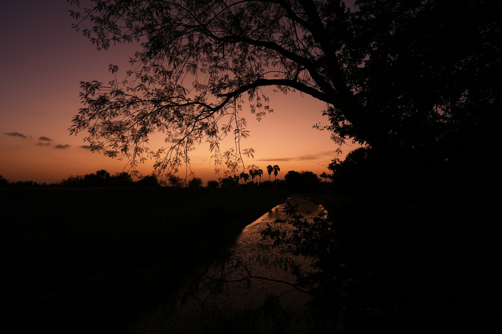 The sun sets over a levee at the Santa Ana Wildlife Refuge in Alamo, Texas, Tuesday, Aug. 25, 2026. (AP Photo/Eric Gay)