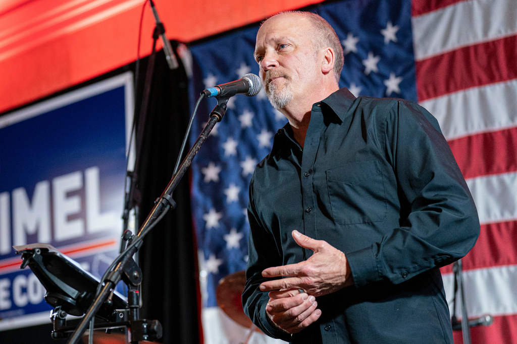 FILE - Wisconsin Supreme Court candidate Brad Schimel makes his concession speech to a crowd at his election night party, April 1, 2025, in Pewaukee, Wis. (AP Photo/Andy Manis, File)