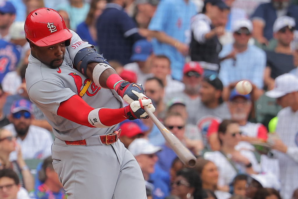 St. Louis Cardinals' Jordan Walker flies out to Chicago Cubs' Pete Crow-Armstrong during the fourth inning of a baseball game, Sunday, July 5, 2026, in Chicago. (AP Photo/Melissa Tamez)