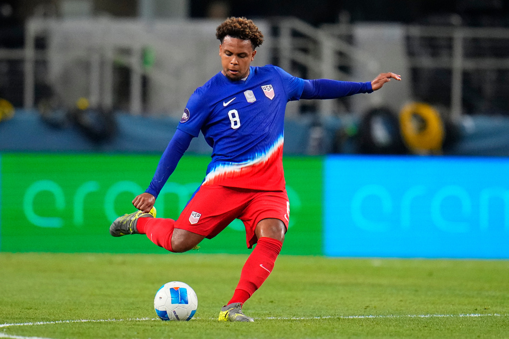 FILE - United States' Weston Mckennie clears the ball during the first half of a CONCACAF Nations League semifinals soccer match, Thursday, March 21, 2024, in Arlington, Texas. (AP Photo/Julio Cortez, File)