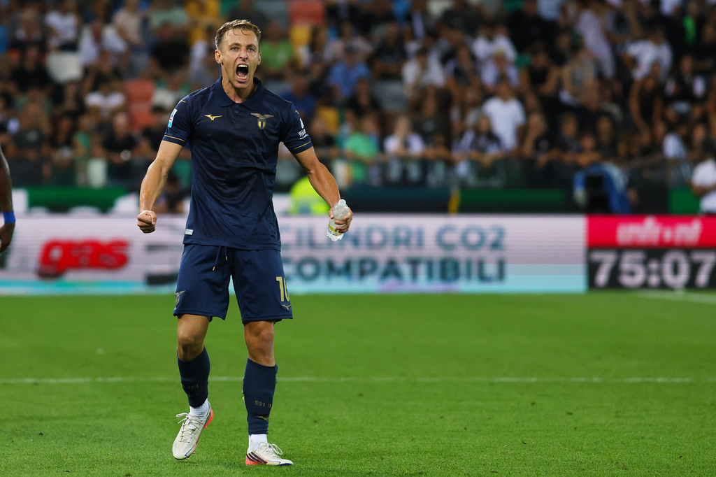 Lazio's Davide Frattesi celebrates scoring during the Serie A soccer match between Udinese and Lazio in Udine, Italy, Monday Sept. 7, 2026. (Andrea Bressanutti/LaPresse via AP)