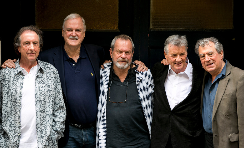 FILE - Eric Idle, from left, John Cleese, Terry Gilliam, Michael Palin and Terry Jones of the comedy troupe Monty Python appear in London on June 30, 2014. (Photo by John Phillips Invision/AP, File)