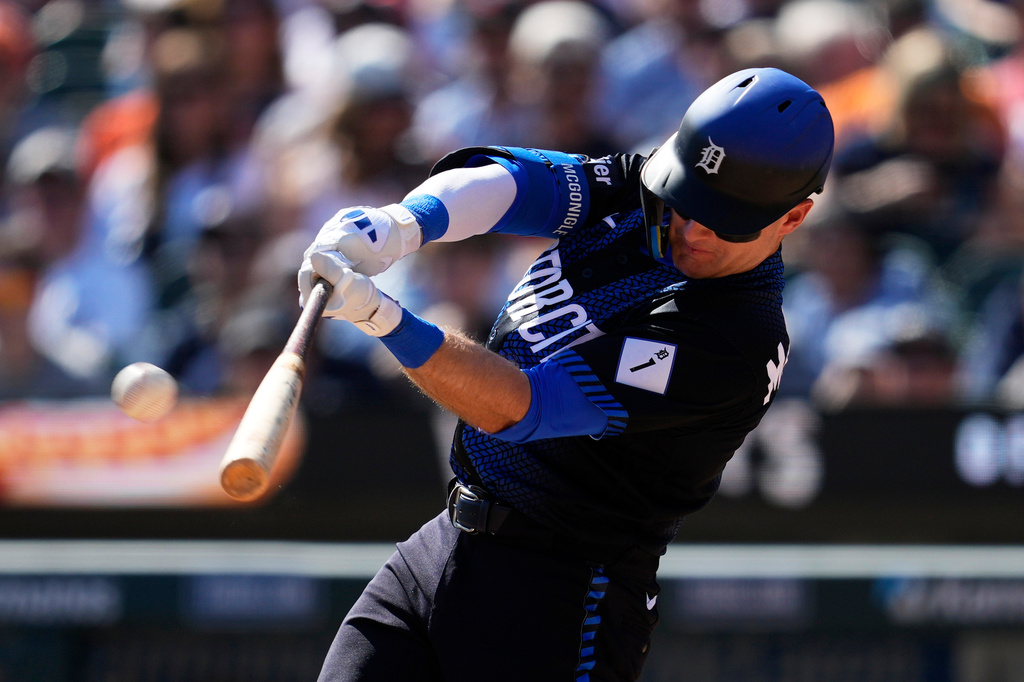 Detroit Tigers' Kevin McGonigle hits a home run against the Minnesota Twins during the first inning of a baseball game Monday, Sept. 7, 2026, in Detroit. (AP Photo/Paul Sancya)