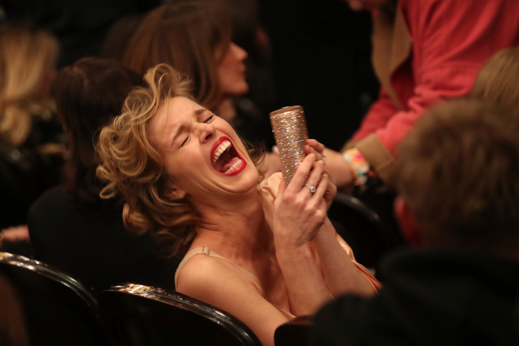 FILE - Model Eva Herzigova laughs as she attends the final Jean Paul Gaultier Haute Couture Spring/Summer 2020 fashion collection presented on Jan. 22, 2020, in Paris. (AP Photo/Thibault Camus, File)