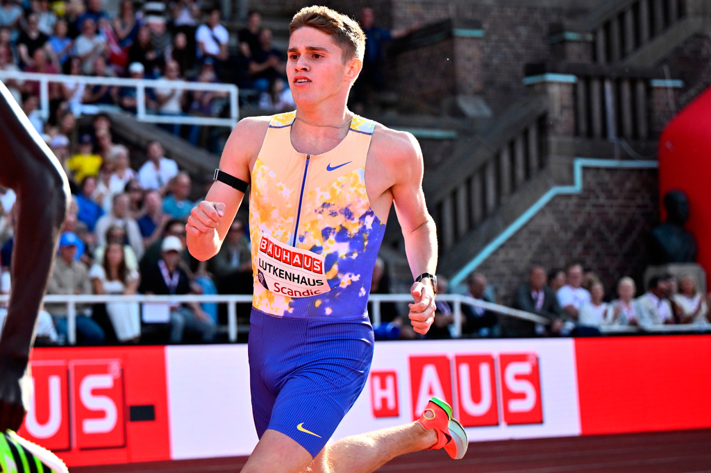 United States' Cooper Lutkenhaus runs to win the men's 800m race at the IAAF Diamond League athletics meeting in Stockholm, Sweden, Sunday, June 7, 2026. (Christine Olsson/TT News Agency via AP)