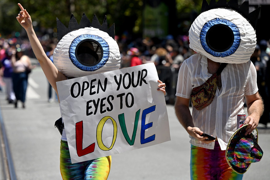 Revelers attend the annual Pride Parade in San Francisco, Sunday, June 28, 2026. (AP Photo/Nic Coury)