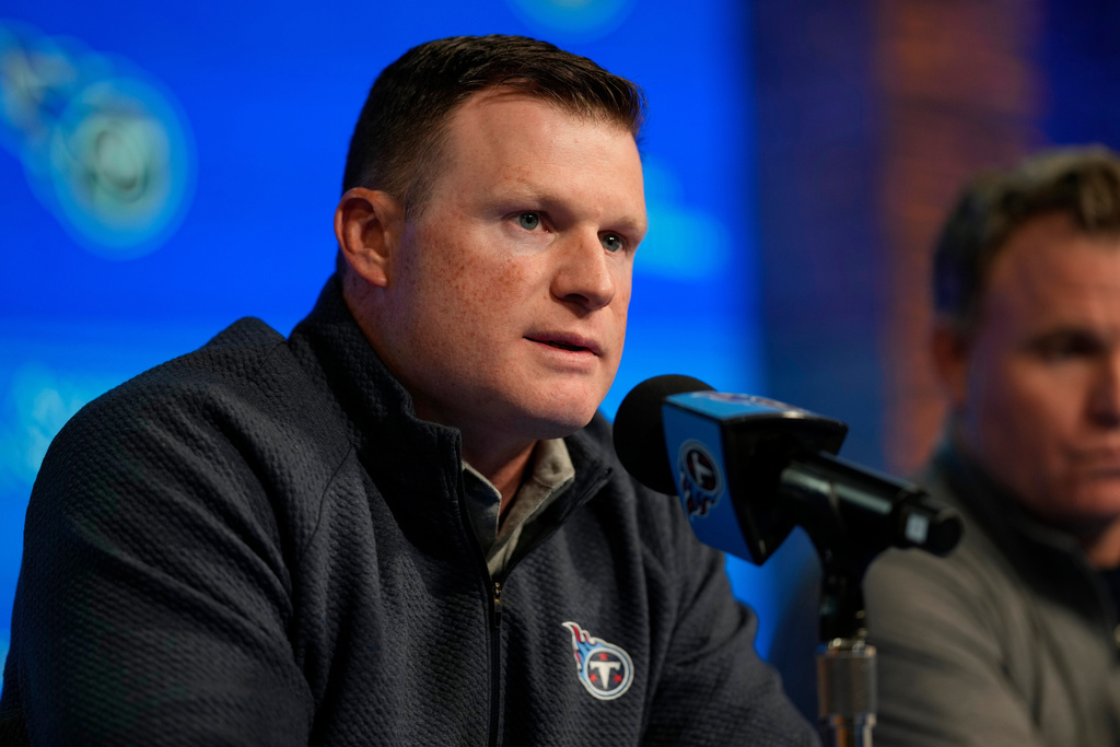 Tennessee Titans president of football operations Chad Brinker speaks during a news conference at the NFL football team's training facility Monday, Oct. 13, 2025, in Nashville, Tenn. (AP Photo/George Walker IV)