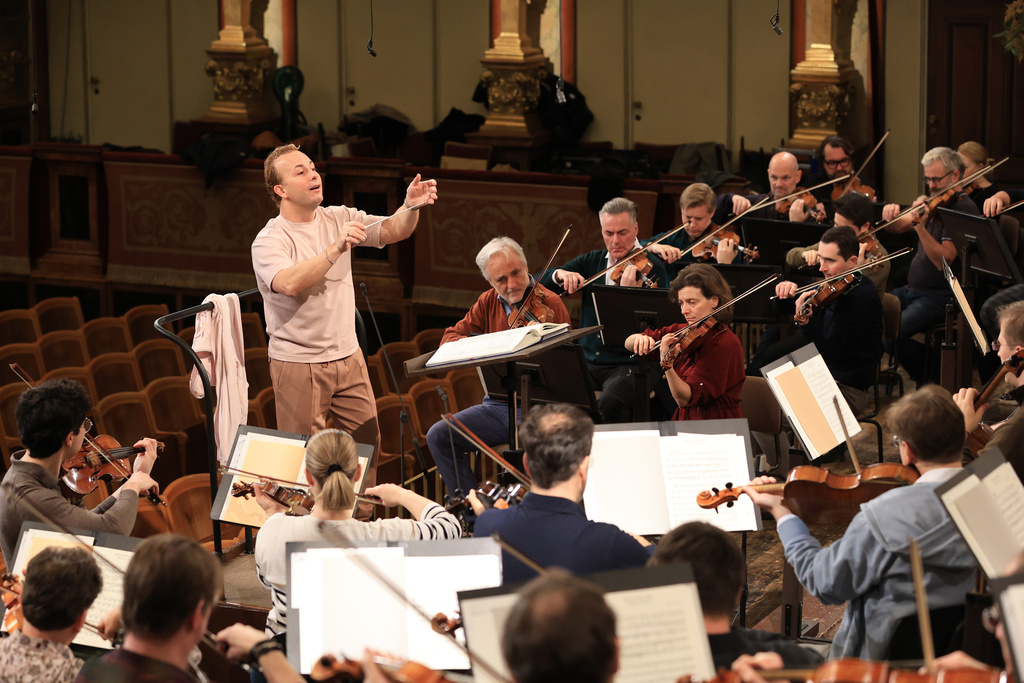 Conductor Yannick Nézet-Séguin rehearses with the Vienna Philharmonic at the Musikverein in Vienna on Dec. 28, 2025, ahead of their New Year's Day concert. (Dieter Nagl/Vienna Philharmonic via AP)