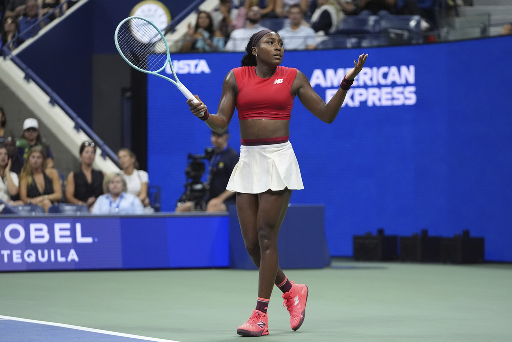 Coco Gauff, of the United States, reacts after loosing a game in the second set against Ajla Tomljanovic, of Australia, during the first round of the U.S. Open tennis championships, Tuesday, Aug. 26, 2025, in New York. (AP Photo/Frank Franklin II)