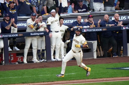 Milwaukee Brewers' Jackson Chourio hits a two-run scoring single during the first inning of Game 1 of baseball's National League Division Series against the Chicago Cubs Saturday, Oct. 4, 2025, in Milwaukee. (AP Photo/Morry Gash) Milwaukee Brewers' Jackson Chourio hits a two-run scoring single during the first inning of Game 1 of baseball's National League Division Series against the Chicago Cubs Saturday, Oct. 4, 2025, in Milwaukee. (AP Photo/Morry Gash)