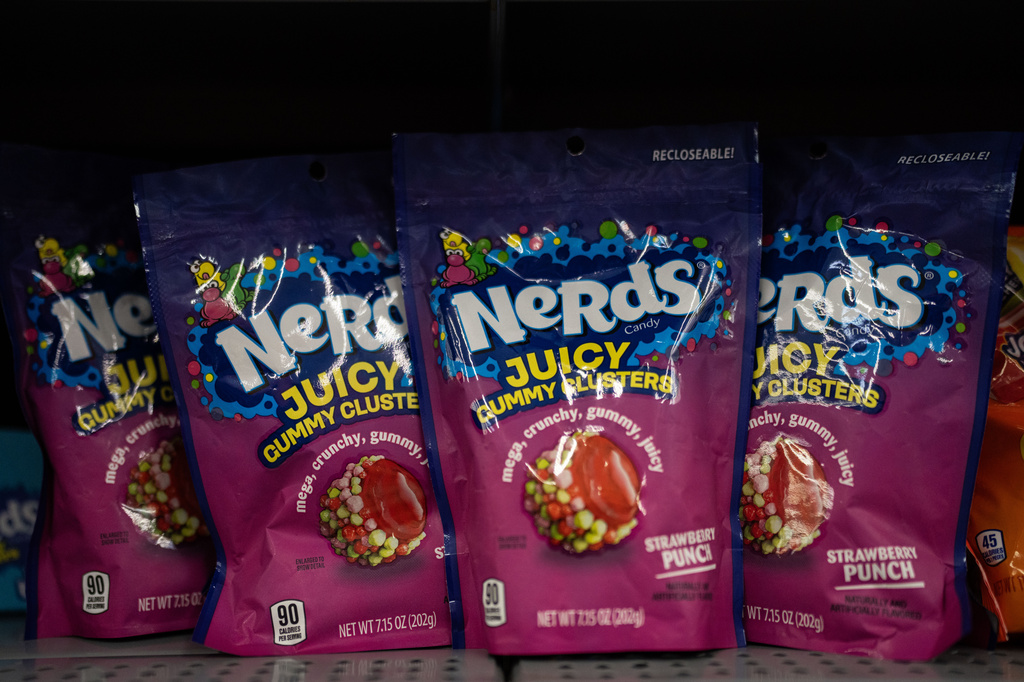 Packages of Nerds Gummy Clusters are on display at a store in La Habra, Calif., Thursday, Sept. 3, 2026. (AP Photo/Jae C. Hong)