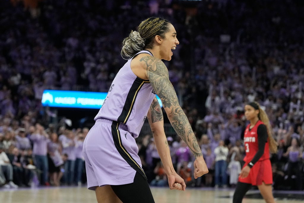 Golden State Valkyries forward Gabby Williams celebrates after Game 1 of the WNBA basketball finals against the Atlanta Dream, Saturday, Oct. 17, 2026, in San Francisco. (AP Photo/Jeff Chiu)