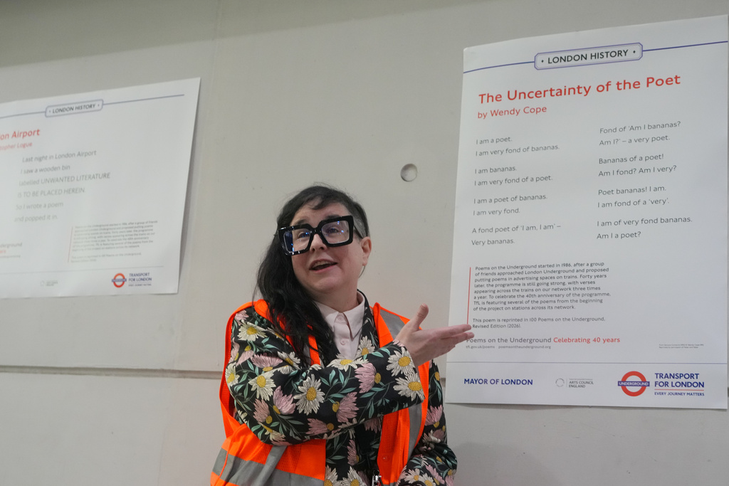 Ann Gavaghan of the People and Places Program at Transport for London speaks at a gathering to celebrate 40 years of 'Poems on the Underground' in London, Friday, Jan. 30, 2026. (AP Photo/Kirsty Wigglesworth)