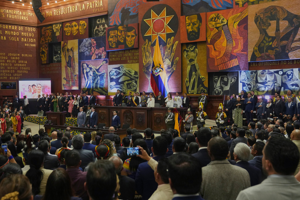 President Daniel Noboa delivers his State of the Nation address at the National Assembly.in Quito, Ecuador, Sunday, May 24, 2026. (AP Photo/Dolores Ochoa)