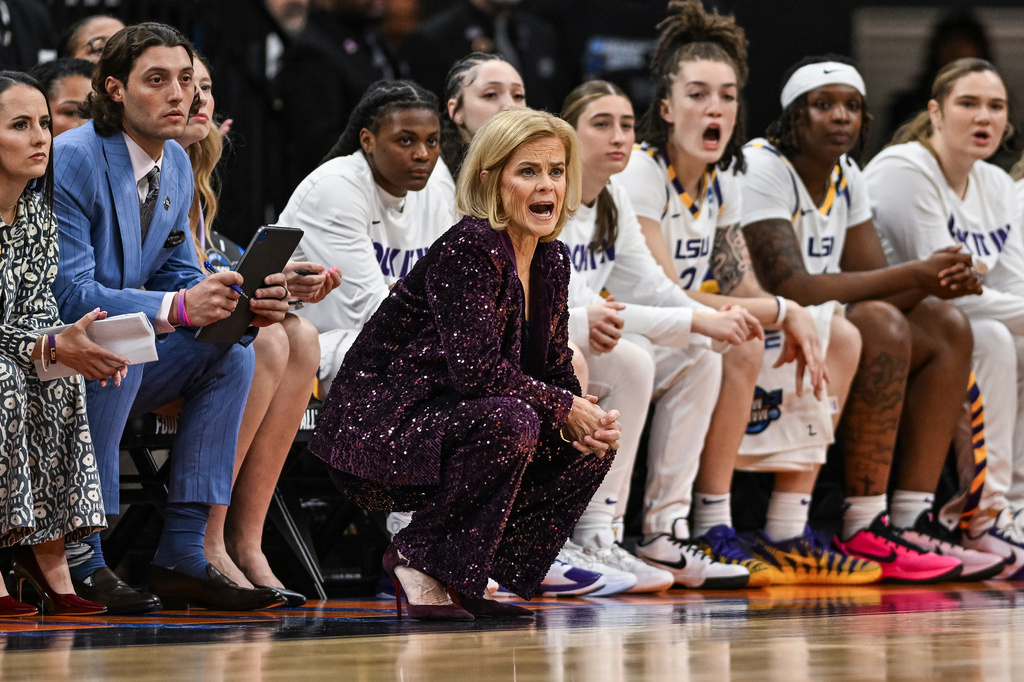 LSU head coach Kim Mulkey reacts during the first half against Duke in the Sweet 16 of the NCAA college basketball tournament Friday, March 27, 2026, in Sacramento, Calif. (AP Photo/Justine Willard)