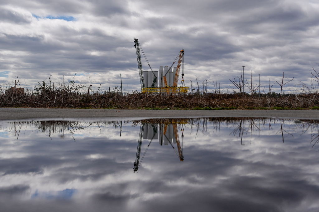FILE - Wind turbine components sit at New London State Pier, April 16, 2025, in New London, Conn. (AP Photo/Julia Demaree Nikhinson, File)