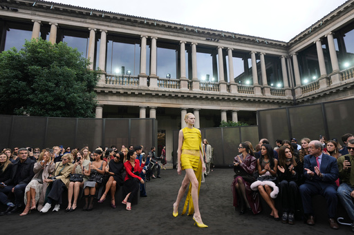 A model wears a creation part of the Ferragamo women's Spring-Summer 2026 collection, that was presented in Milan, Italy, Saturday, Sept. 27, 2025. (AP Photo/Luca Bruno). A model wears a creation part of the Ferragamo women's Spring-Summer 2026 collection, that was presented in Milan, Italy, Saturday, Sept. 27, 2025. (AP Photo/Luca Bruno).
