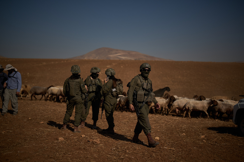 Israeli soldiers stand next to an activist and sheep after stopping a young Palestinian man who was grazing his flock near his community in the northern Jordan Valley in the occupied West Bank, Wednesday, June 24, 2026. (AP Photo/Leo Correa)