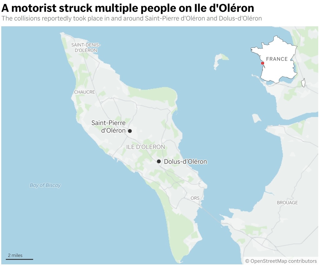 Shows the location of Ile d-Oleron and two towns on the island where the collisions took place. (AP Digital Embed)
