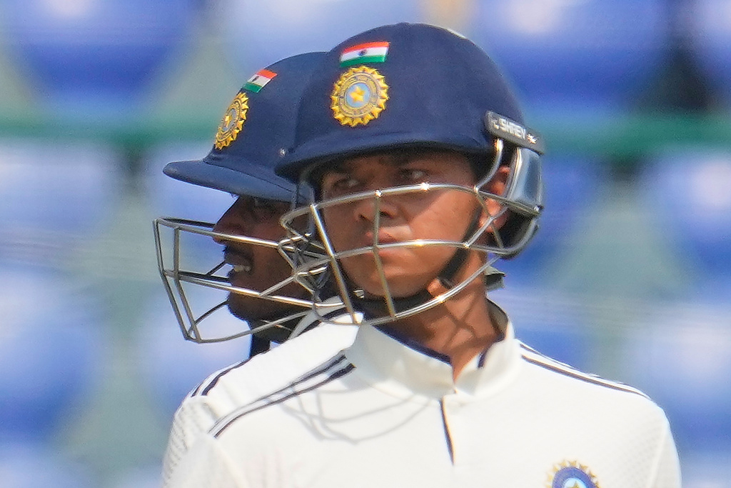 India's Yashasvi Jaiswal and Sai Sudharsan run between the wickets to score on the first day of the second cricket test match between India and West Indies at the Arun Jaitley Stadium in New Delhi, India, Friday, Oct.10, 2025. (AP Photo/Manish Swarup)