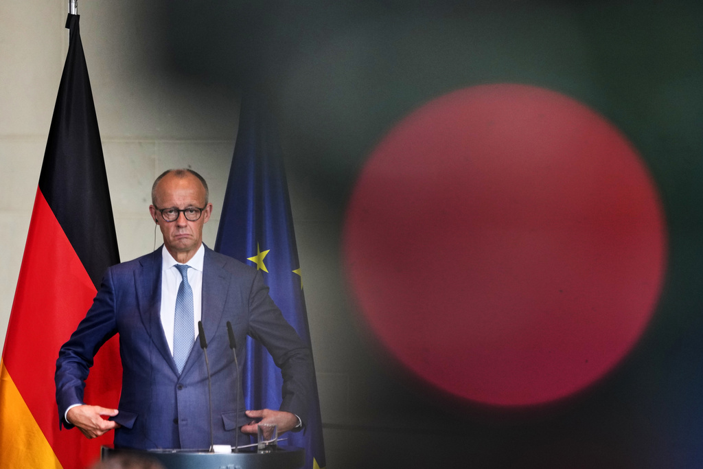 German Chancellor Friedrich Merz attends a press conference after a meeting with Iraqi Prime Minister Ali al-Zaidi in Berlin, Germany, Tuesday, Sept. 15, 2026. (AP Photo/Markus Schreiber)