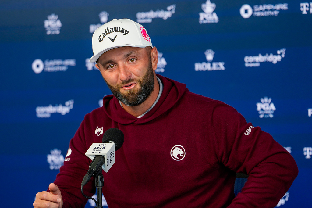 Jon Rahm, of Spain, speaks to the media prior to a PGA Championship golf tournament practice round at Aronimink Golf Club, Tuesday, May 12, 2026, in Newtown Square, PA. (AP Photo/Carolyn Kaster)