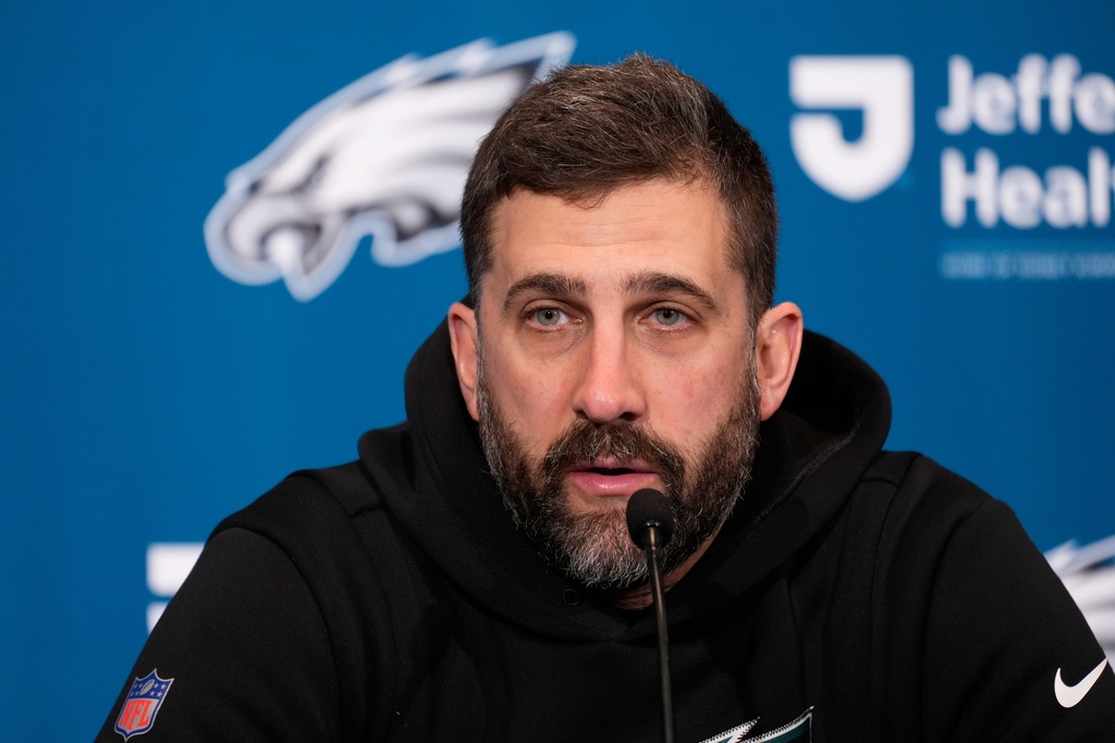 Philadelphia Eagles head coach Nick Sirianni speaks during a news conference after an NFL wild-card playoff football game against the San Francisco 49ers on Sunday, Jan. 11, 2026, in Philadelphia. (AP Photo/Chris Szagola)