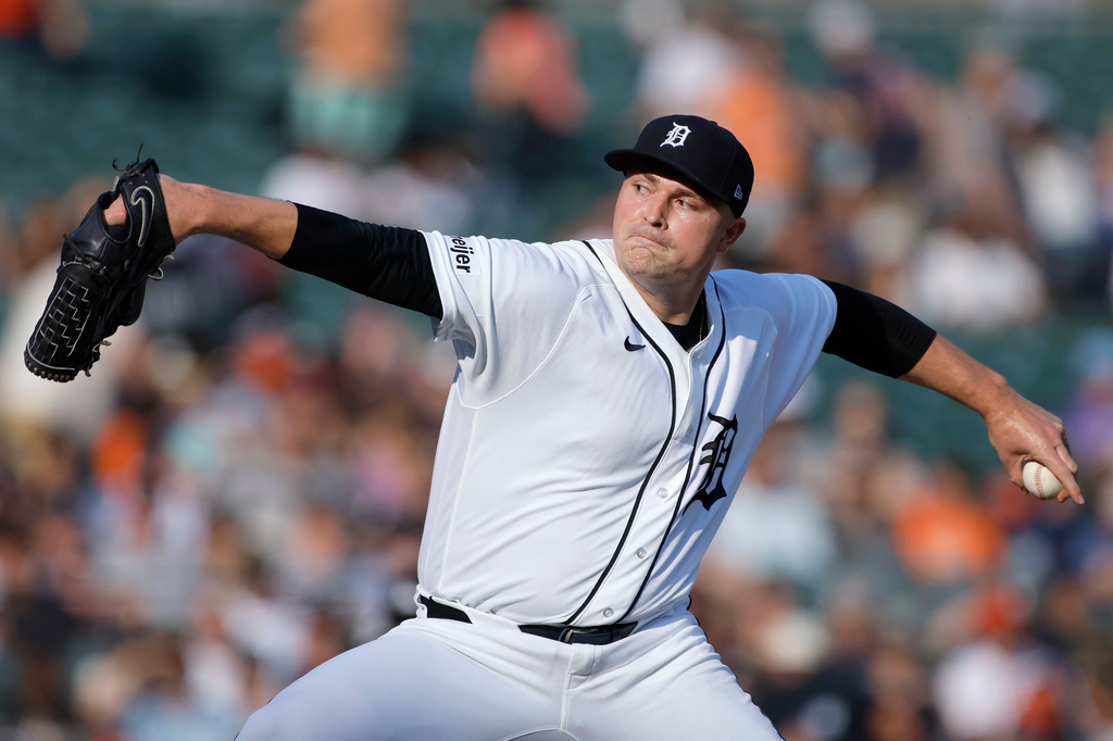 Detroit Tigers' Tarik Skubal (29) pitches against the Athletics during the first inning of a baseball game Tuesday, July 7, 2026, in Detroit. (AP Photo/Duane Burleson)