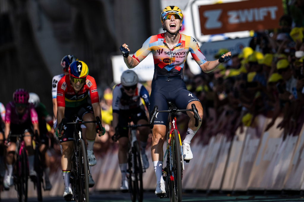 Netherlands' Lorena Wiebes of team SD Worx Protime celebrates after taking the win in the first stage of the Women's Tour de France cycling race (Tour de France Femmes), in Lausanne, Switzerland, Saturday, Aug. 1, 2026. (Jean-Christophe Bott/Keystone via AP)