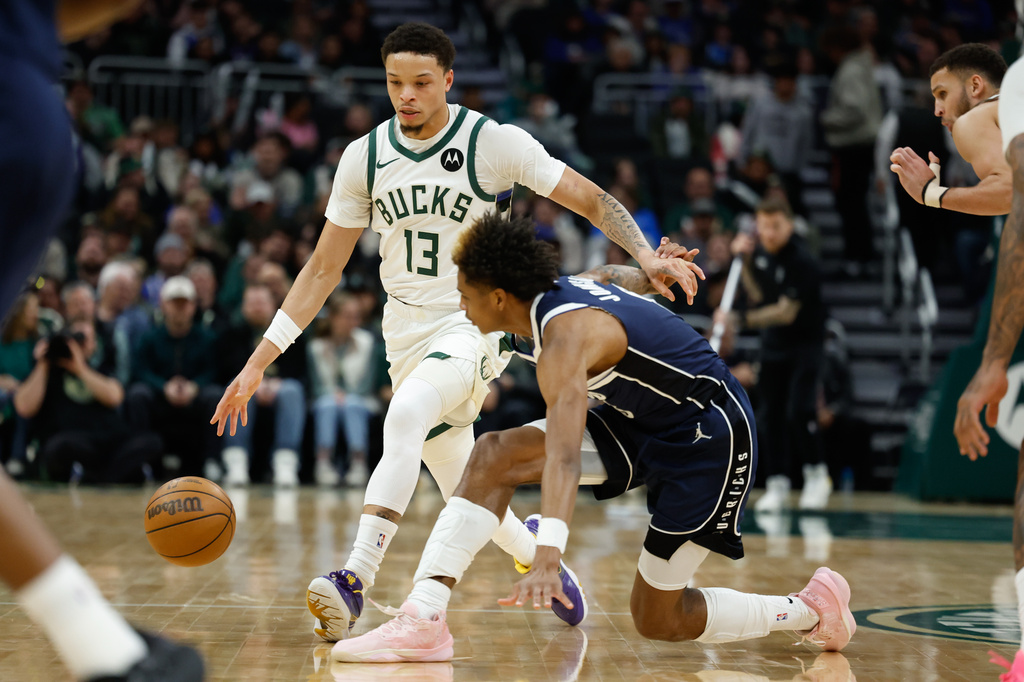 Milwaukee Bucks guard Ryan Rollins (13) dribbles against the Dallas Mavericks during the first half of an NBA basketball game Tuesday, March 31, 2026, in Milwaukee. (AP Photo/Jeffrey Phelps)