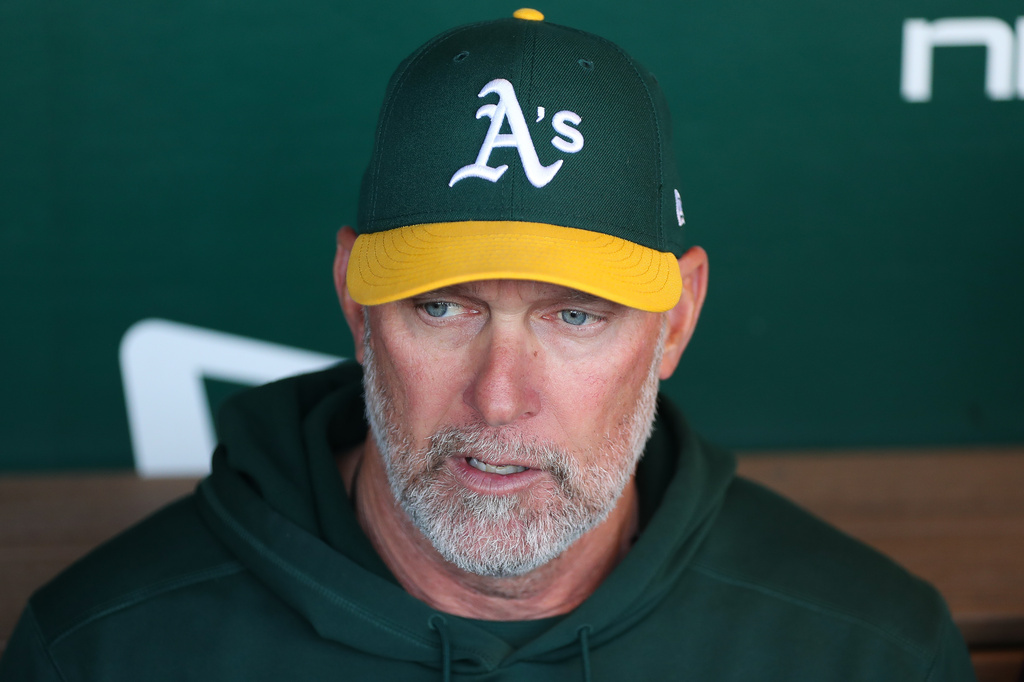 Athletics manager Mark Kotsay talks to the media before a baseball game against the New York Yankees, Friday, May 29, 2026, in West Sacramento, Calif. (AP Photo/Scott Marshall)
