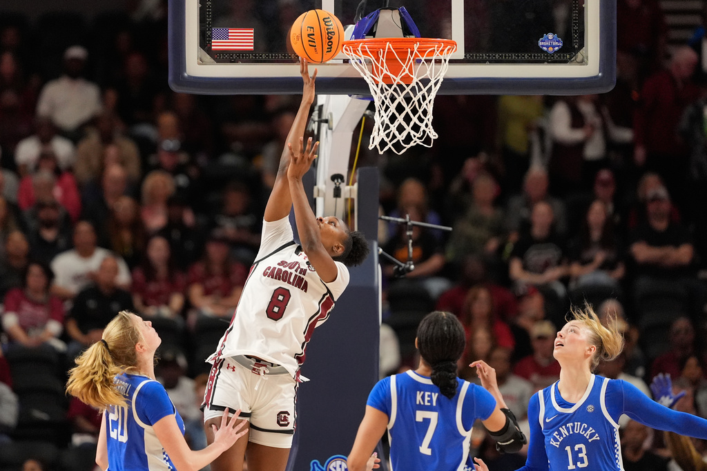South Carolina forward Joyce Edwards shoots over Kentucky during first half of an NCAA college basketball game in the quarterfinals of the Southeastern Conference tournament, Friday, March 6, 2026, in Greenville, S.C. (AP Photo/Chris Carlson)