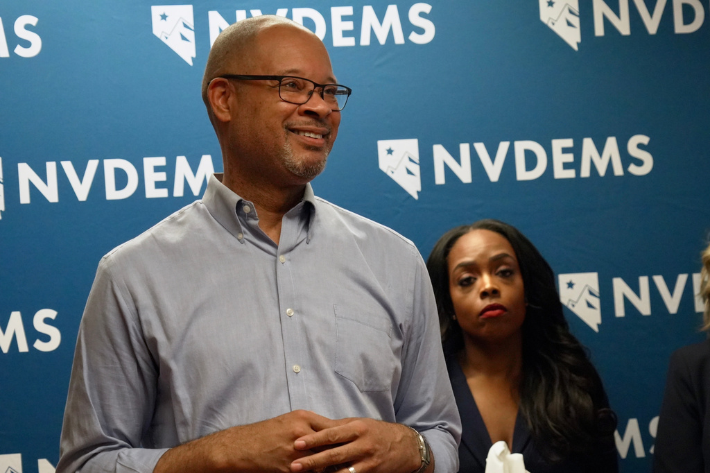 Nevada Attorney General and gubernatorial candidate Aaron Ford smiles during a press conference Wednesday, June 10, 2026, in Las Vegas. (AP Photo/Ty ONeil)